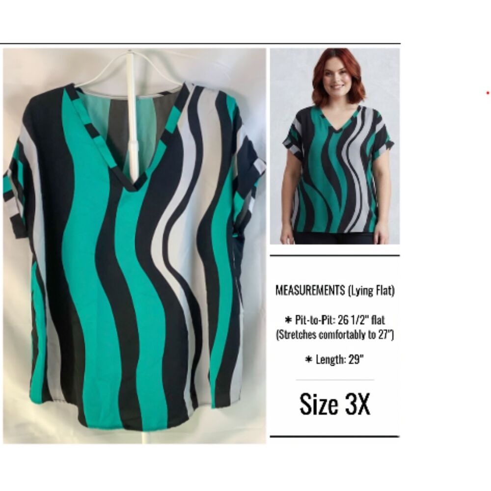 SHEIN Curve Clasi Teal Wavy Stripe Batwing Blouse - Plus Size 3X (Fits 22/24)